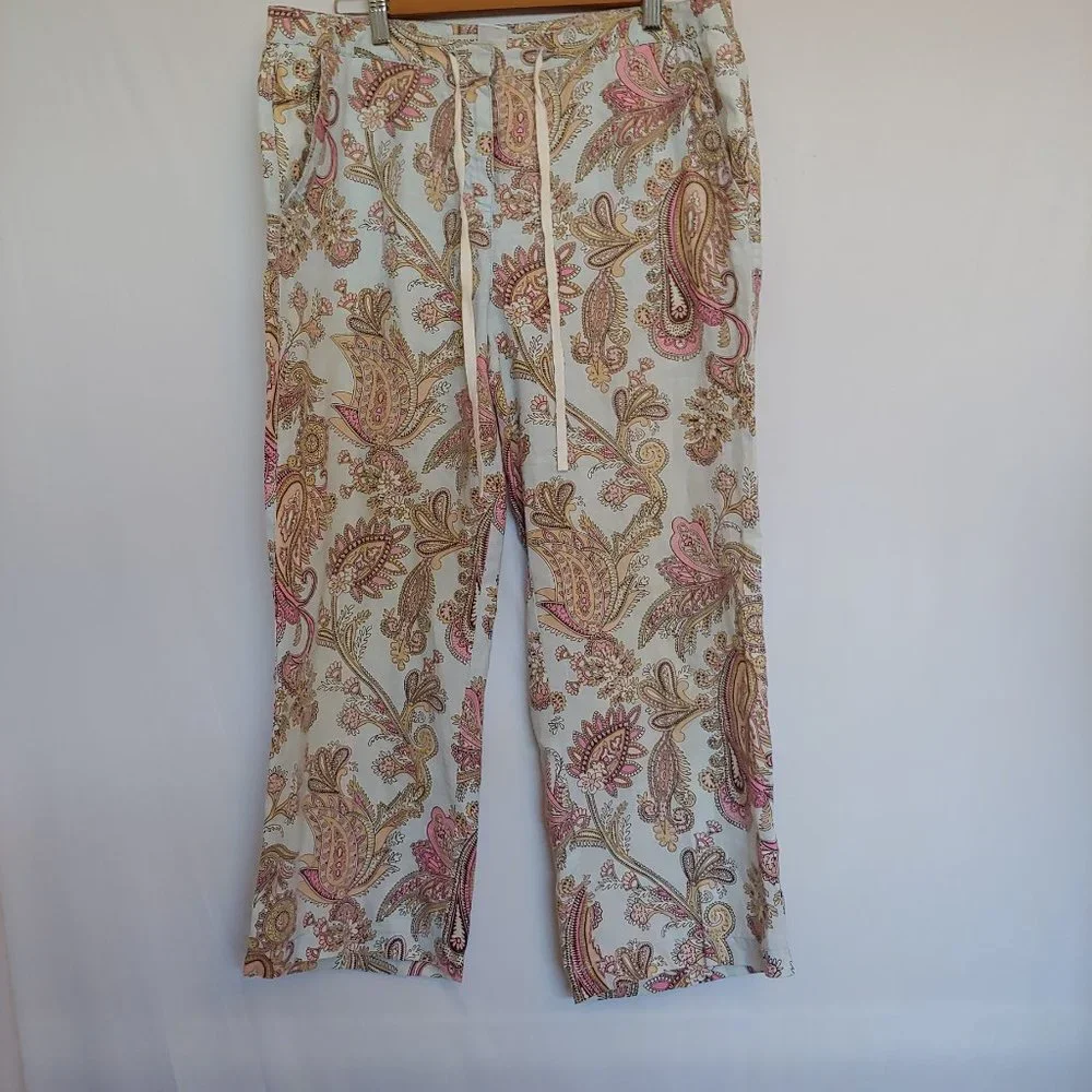 Tommy Hilfiger 100% linen pale blue, pink, gold paisley pastel crop pants SZ 10 - Picture 1 of 10